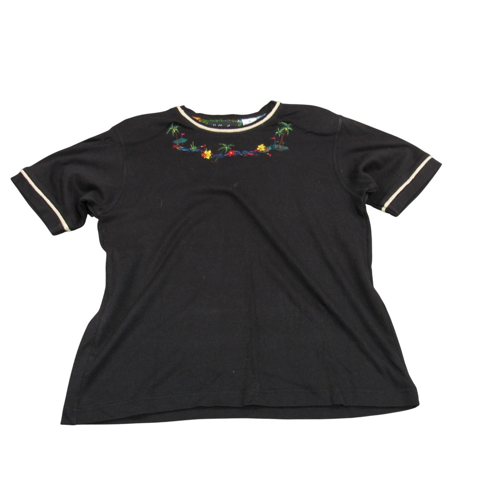 Holly Lane Womens M Black Cotton Embroidered Golf Tropical Palm Tree T-Shirt